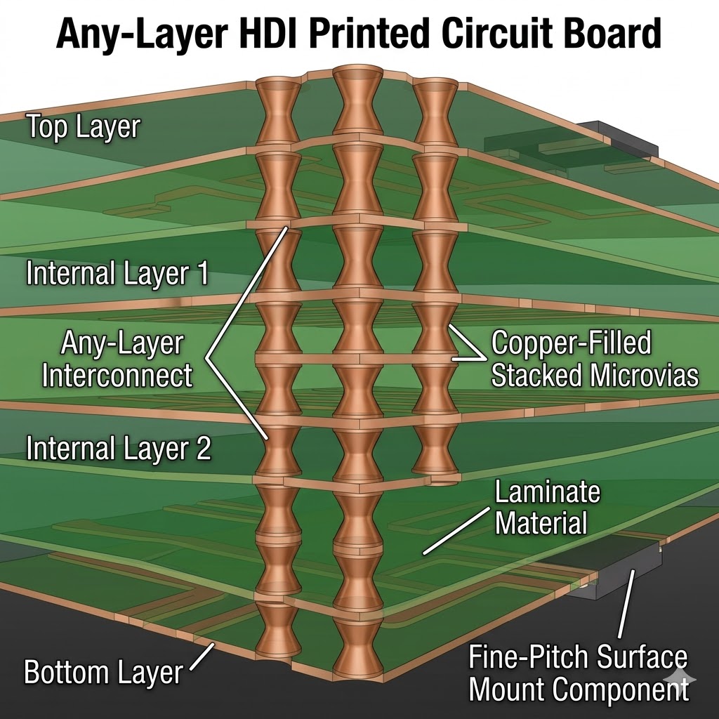 Cross-section of an Any-Layer HDI PCB, illustrating copper-filled stacked vias.