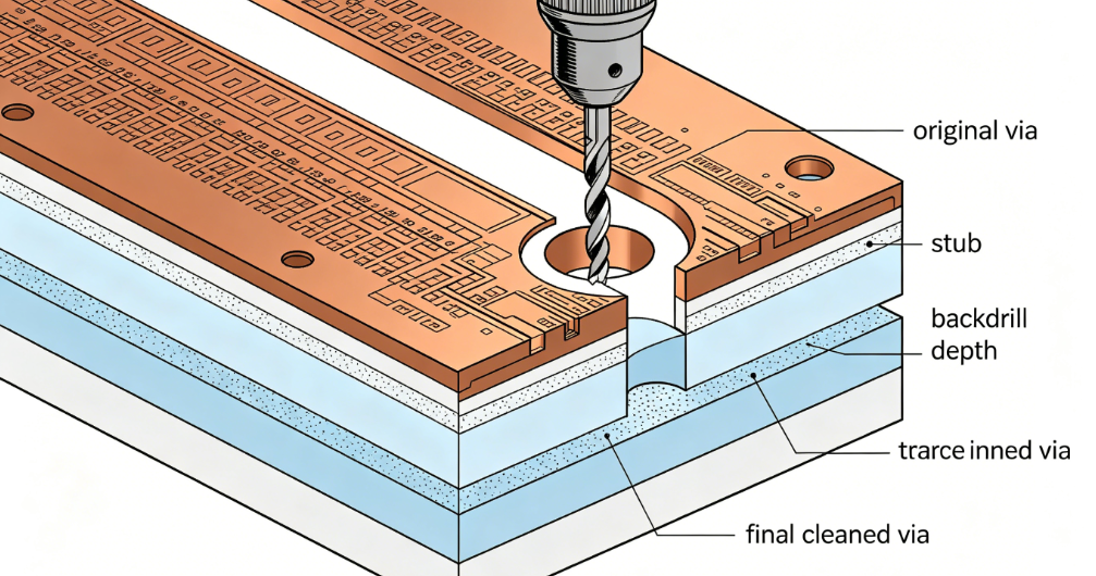 Advanced PCB manufacturing backdrilling process diagram