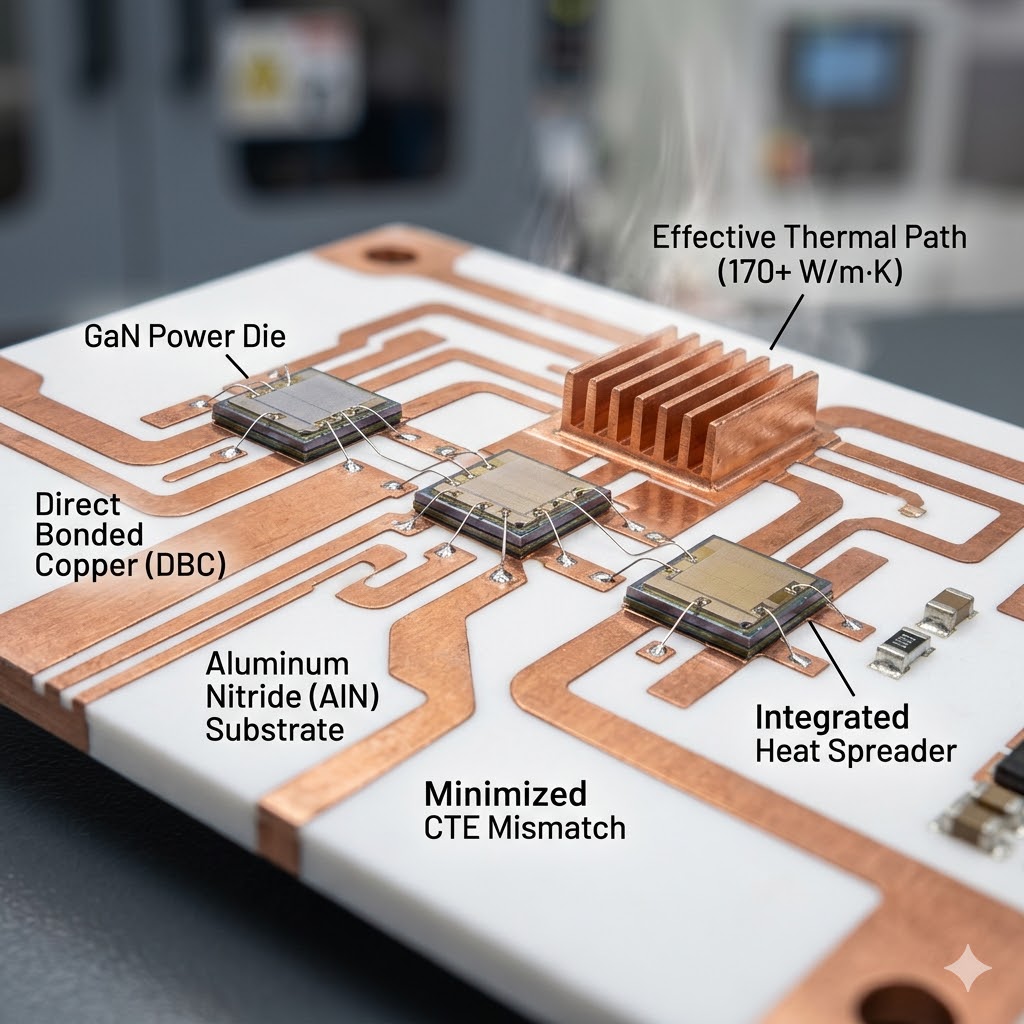 Ceramic PCB thermal management solution showing Direct Bonded Copper (DBC) technology on an AlN ceramic substrate for high-power device heat dissipation