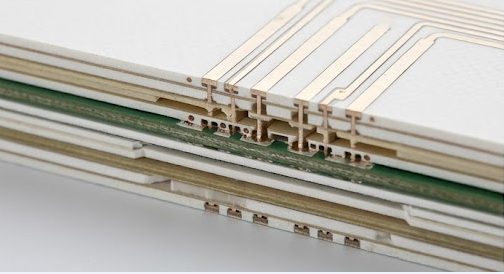 Cross-section of a high-density interconnect (HDI) PCB stackup with microvias and blind-buried vias for satellite electronics