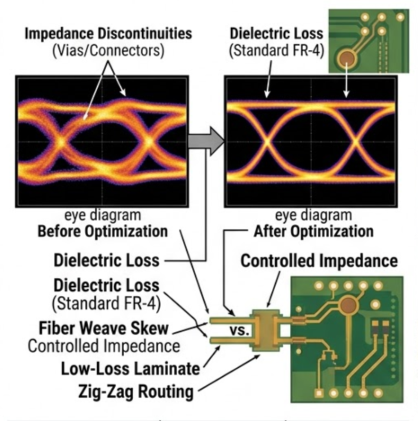 Comparison of SerDes signal eye diagrams before and after signal integrity optimization on high-speed digital PCB