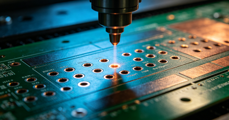 Advanced PCB manufacturing laser drilling microvia close-up