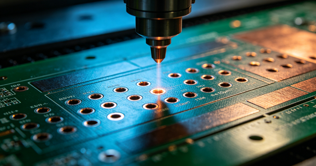 Advanced PCB manufacturing laser drilling microvia close-up
