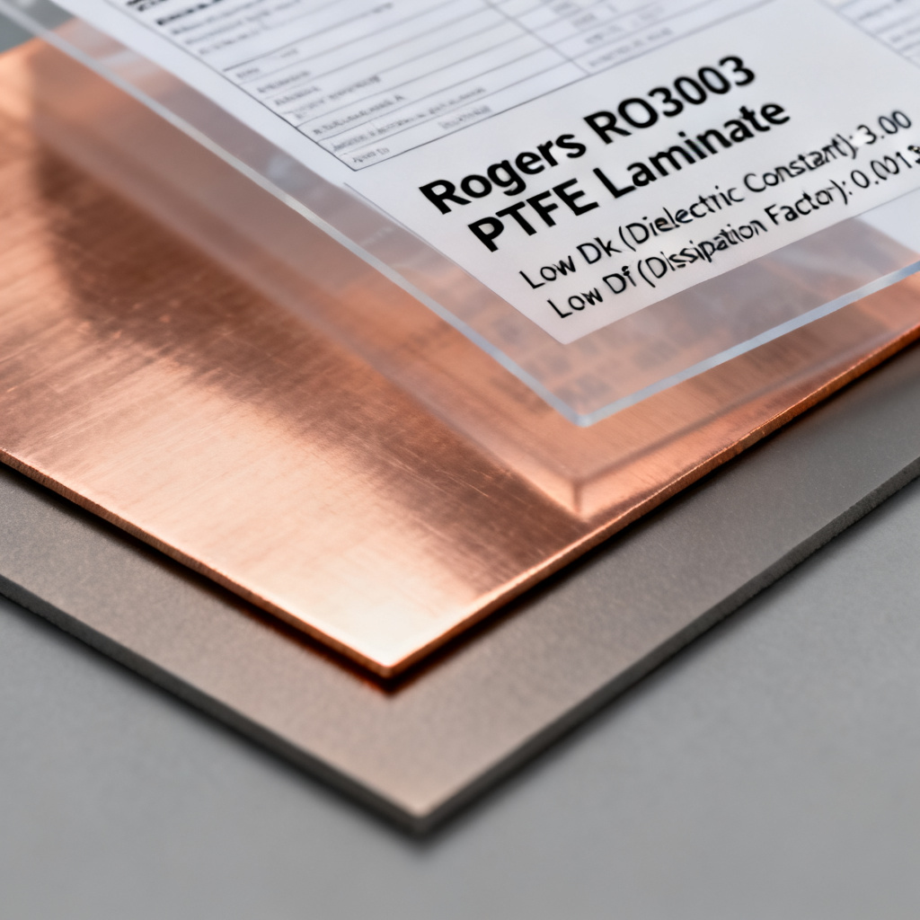High-frequency mmWave PCB material selection showing Rogers PTFE laminates for 77GHz radar