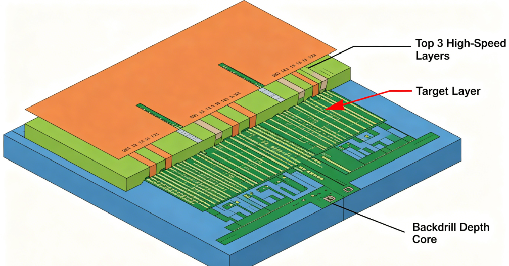 Advanced PCB manufacturing stackup with backdrill illustration