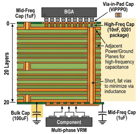 Technical diagram of PCB via backdrilling and VIPPO to minimize impedance discontinuities in high-speed digital channels