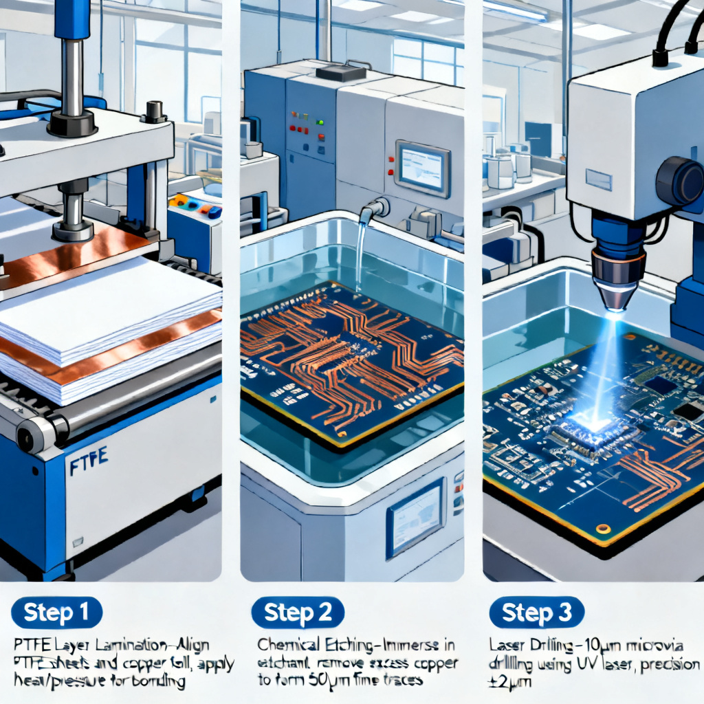 RF PCB fabrication process showing lamination etching and via drilling for microwave boards