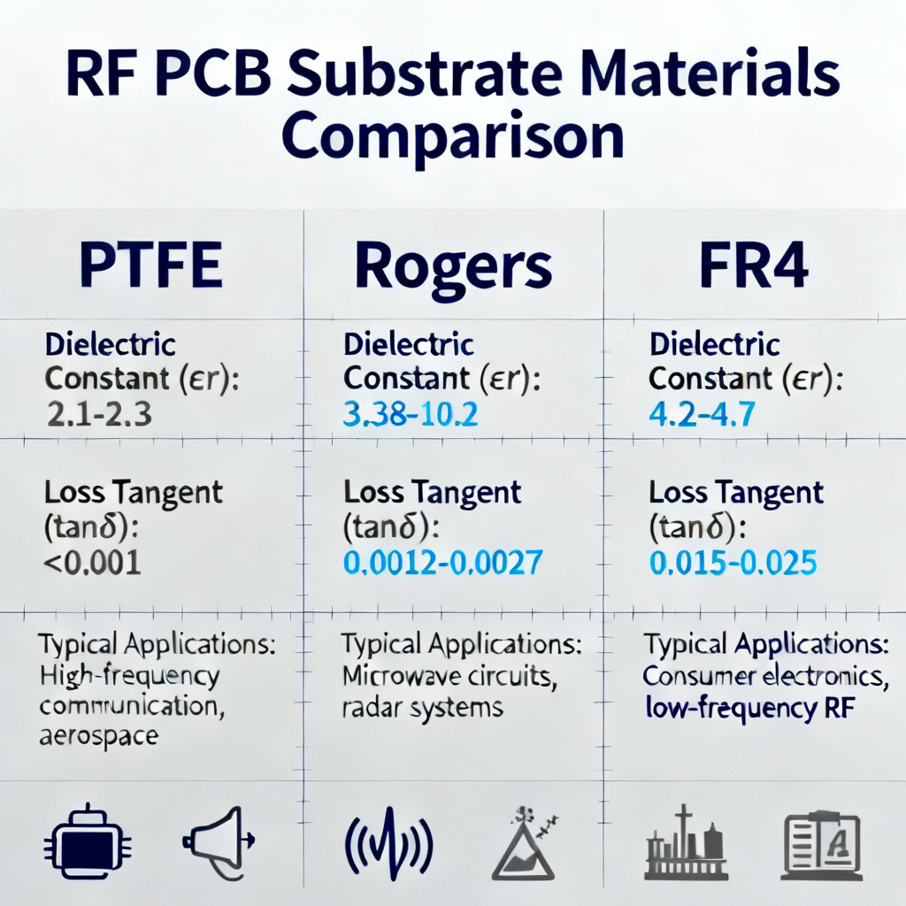 Comparison of RF PCB substrate materials including PTFE Rogers and FR4 for microwave design