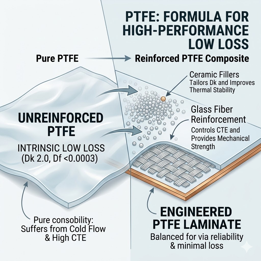 Diagram explaining the composition of PTFE (Polytetrafluoroethylene) composite material for high-frequency PCBs, showing pure PTFE, ceramic fillers, and glass fiber reinforcement