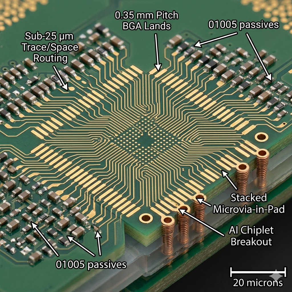 Ultra-HDI PCB for AI Chipset Packaging: Micro-Fine Pitch Fan-out Routing Demonstrating Sub-25-Micron Circuitry