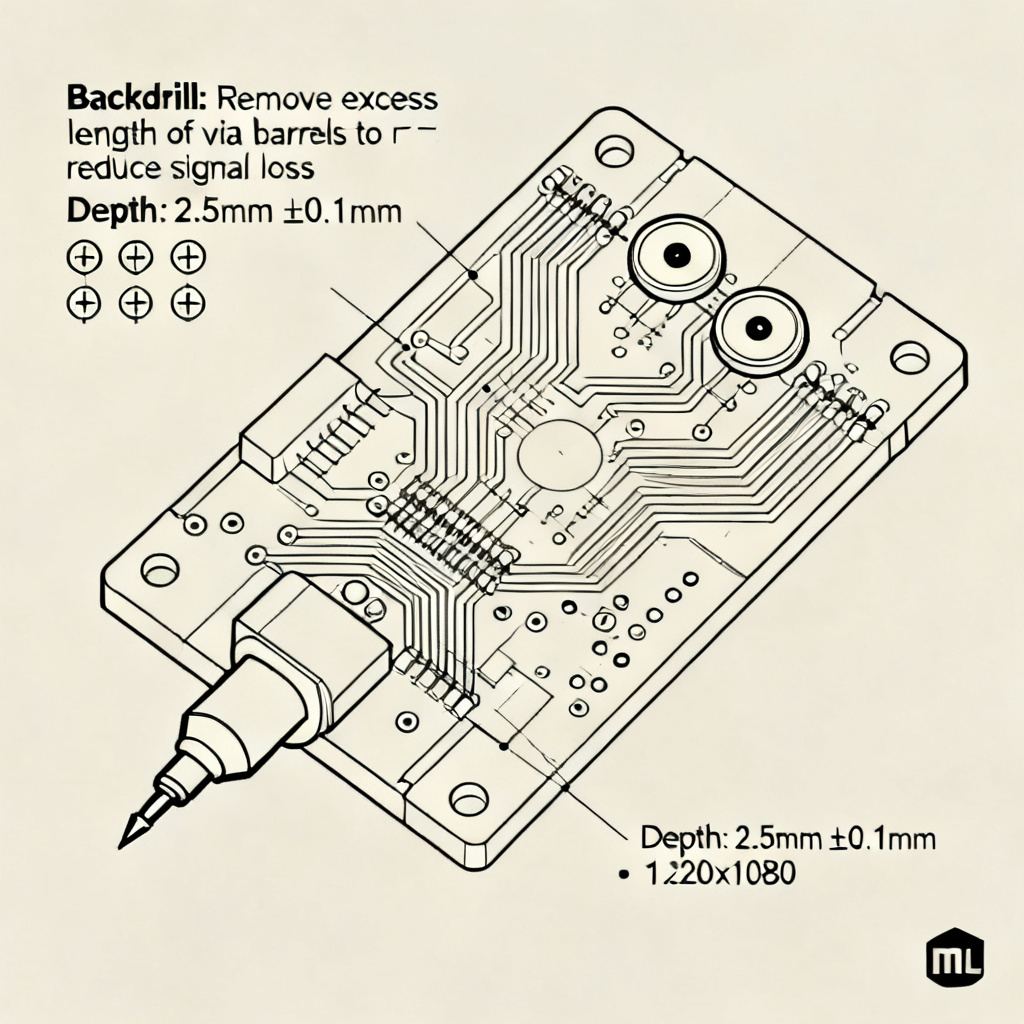 Backdrilling PCB design specification with fabrication drawing and notes for signal integrity