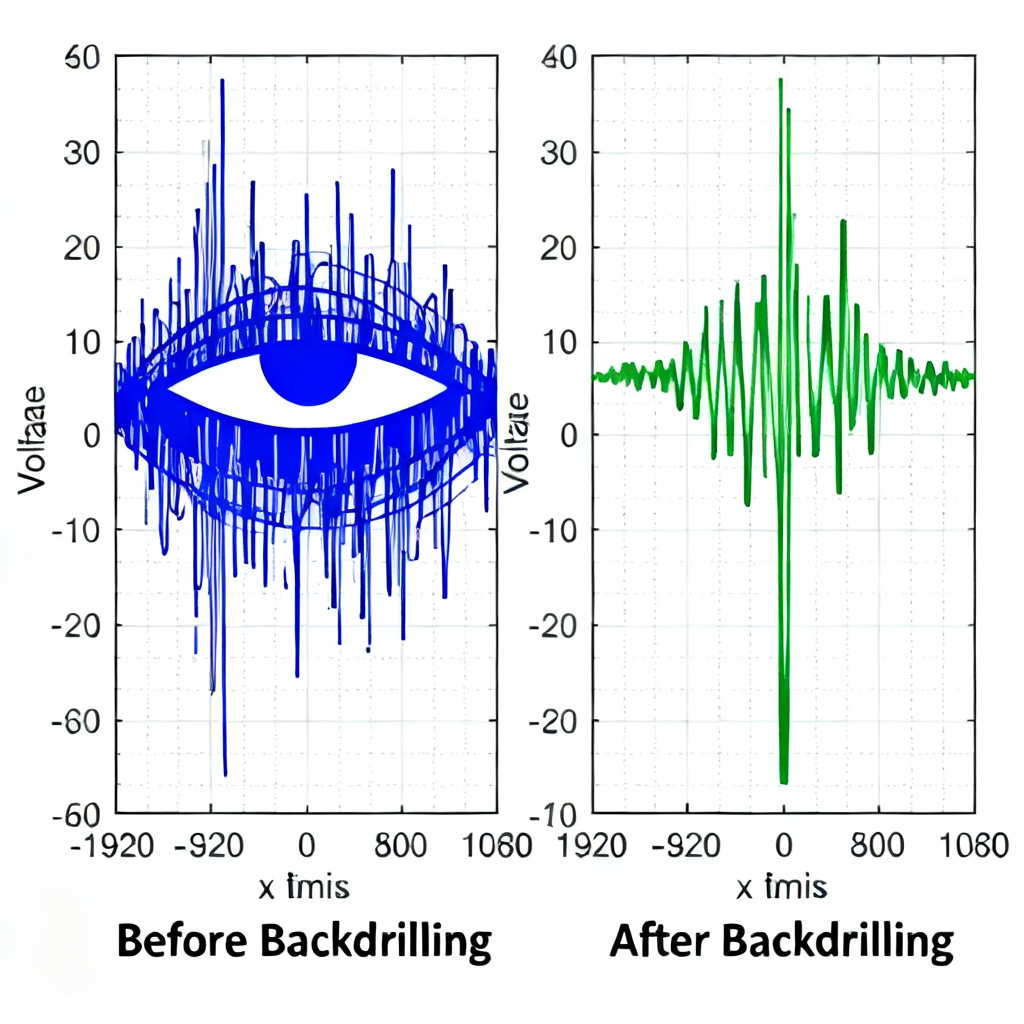 Backdrilling simulation showing eye diagram improvement for high-speed signal integrity