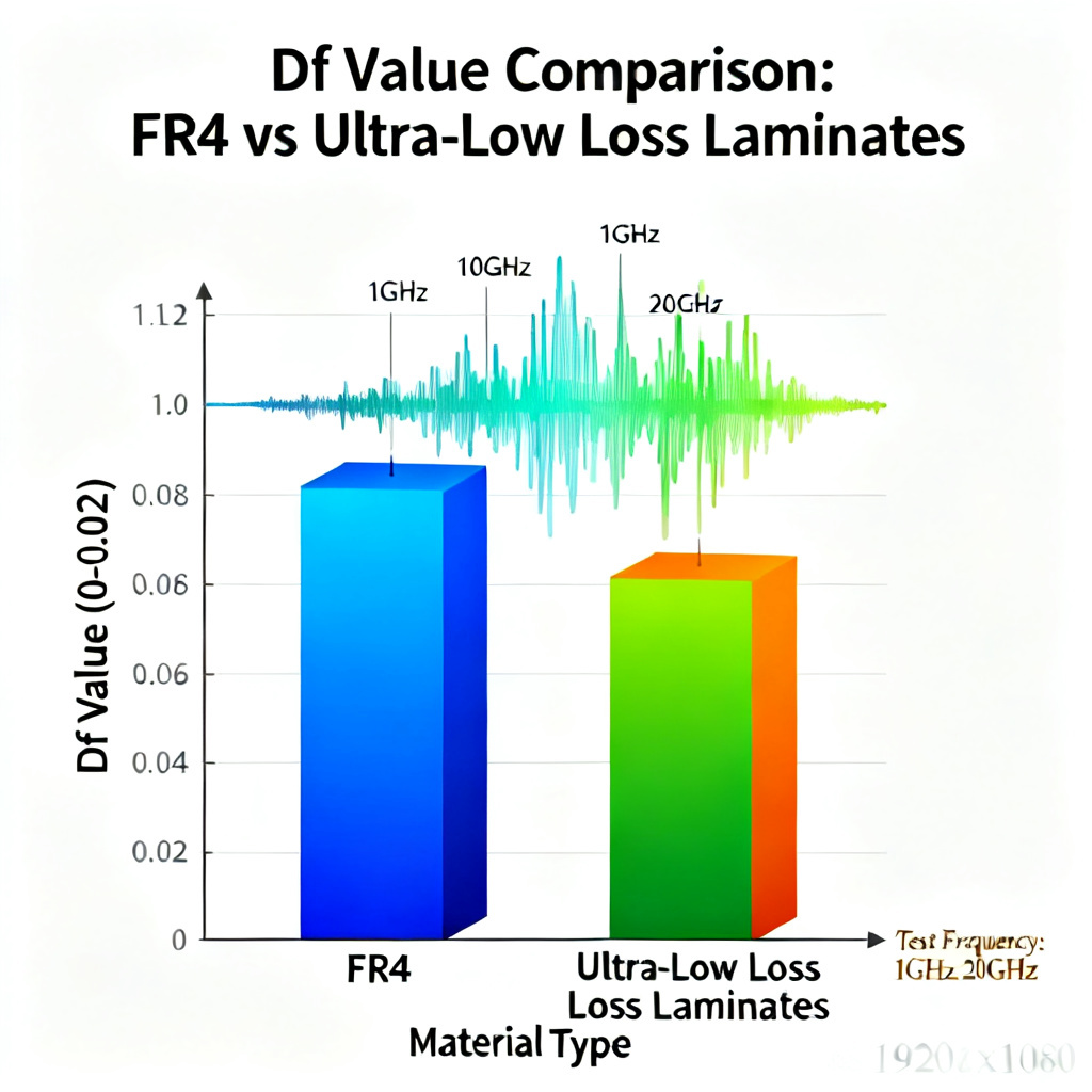 Dissipation factor comparison between FR4 and Ultra-Low Loss PCB Laminates showing signal loss reduction