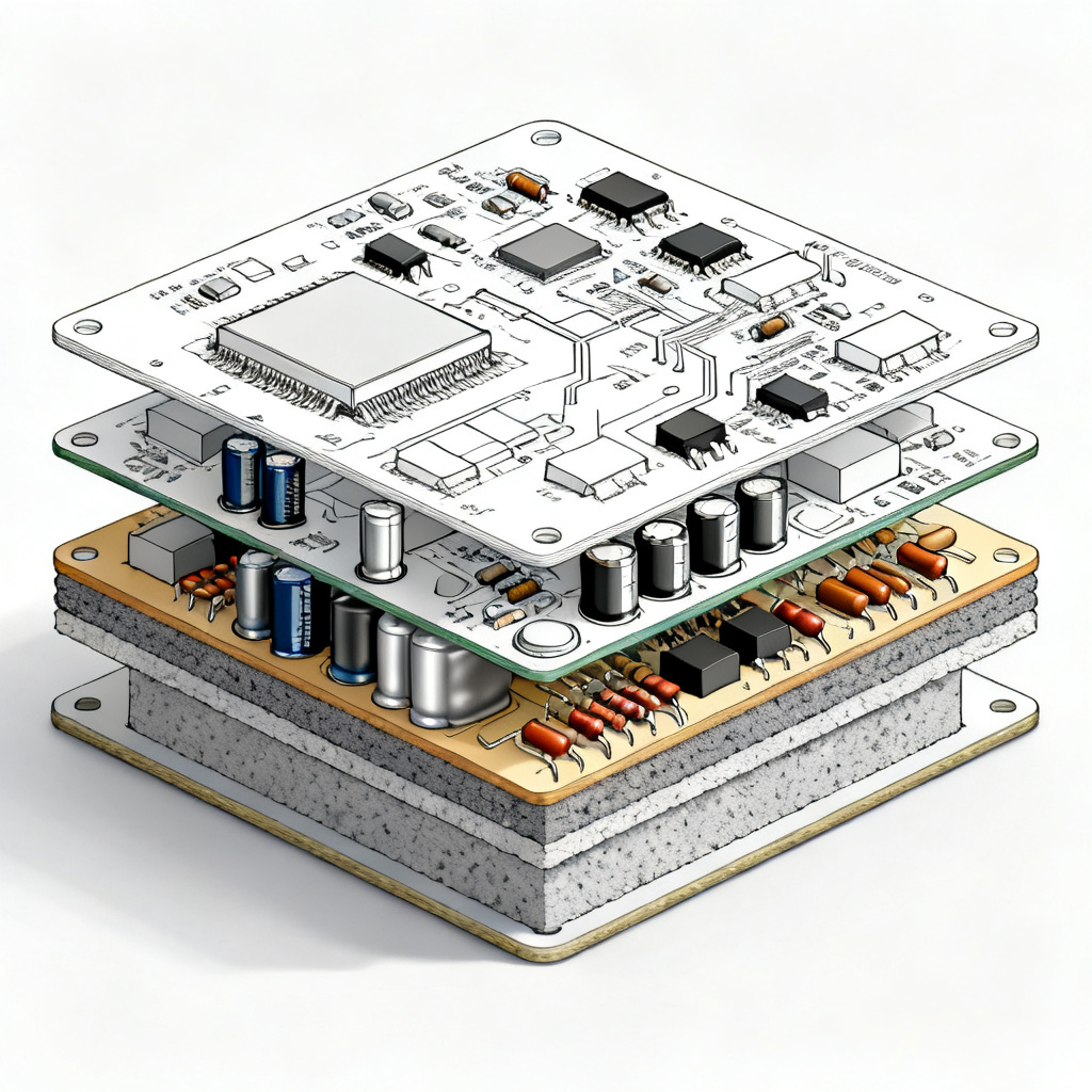 Cross-section of an embedded component PCB showing capacitors and resistors inside layers