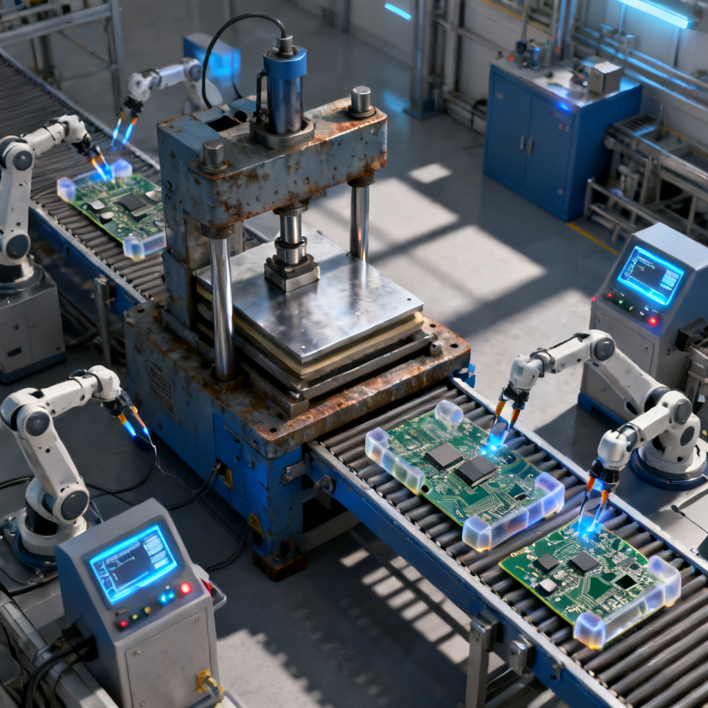 Manufacturing process of embedded component PCB showing lamination and testing
