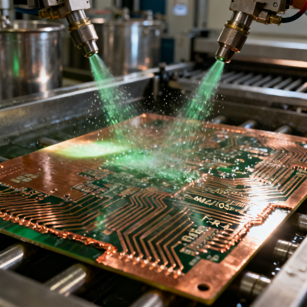 Heavy copper PCB manufacturing process showing etching and lamination for 20oz boards