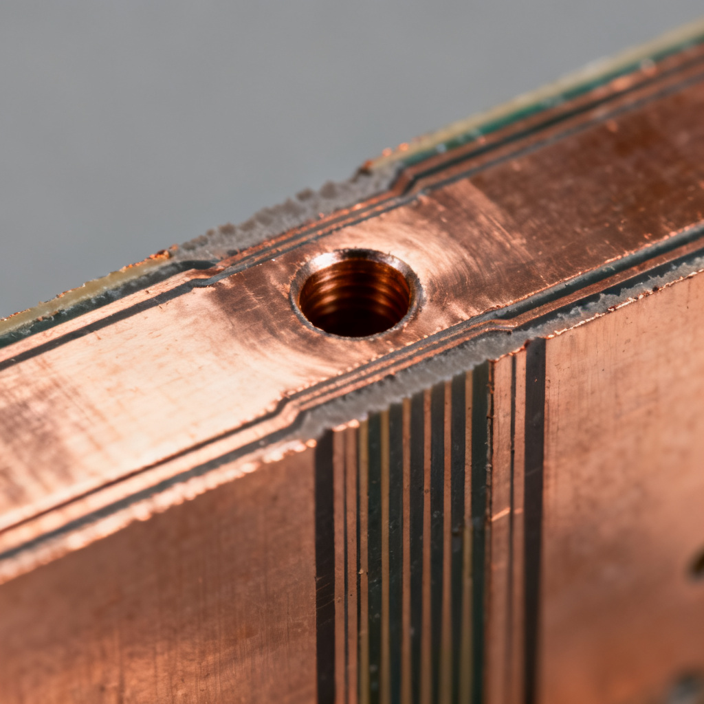 High Aspect Ratio PCB cross-section showing thick board and small hole drilling