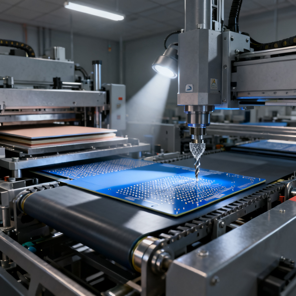Hybrid PCB manufacturing lamination and drilling process for FR4 and RF materials