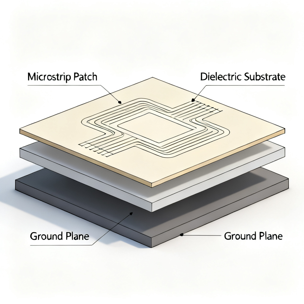 Microstrip antenna PCB design structure showing patch and ground plane