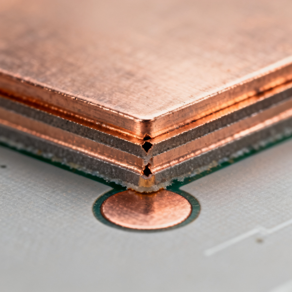 Microvia reliability cross-section showing copper plating thickness and inner corner separation