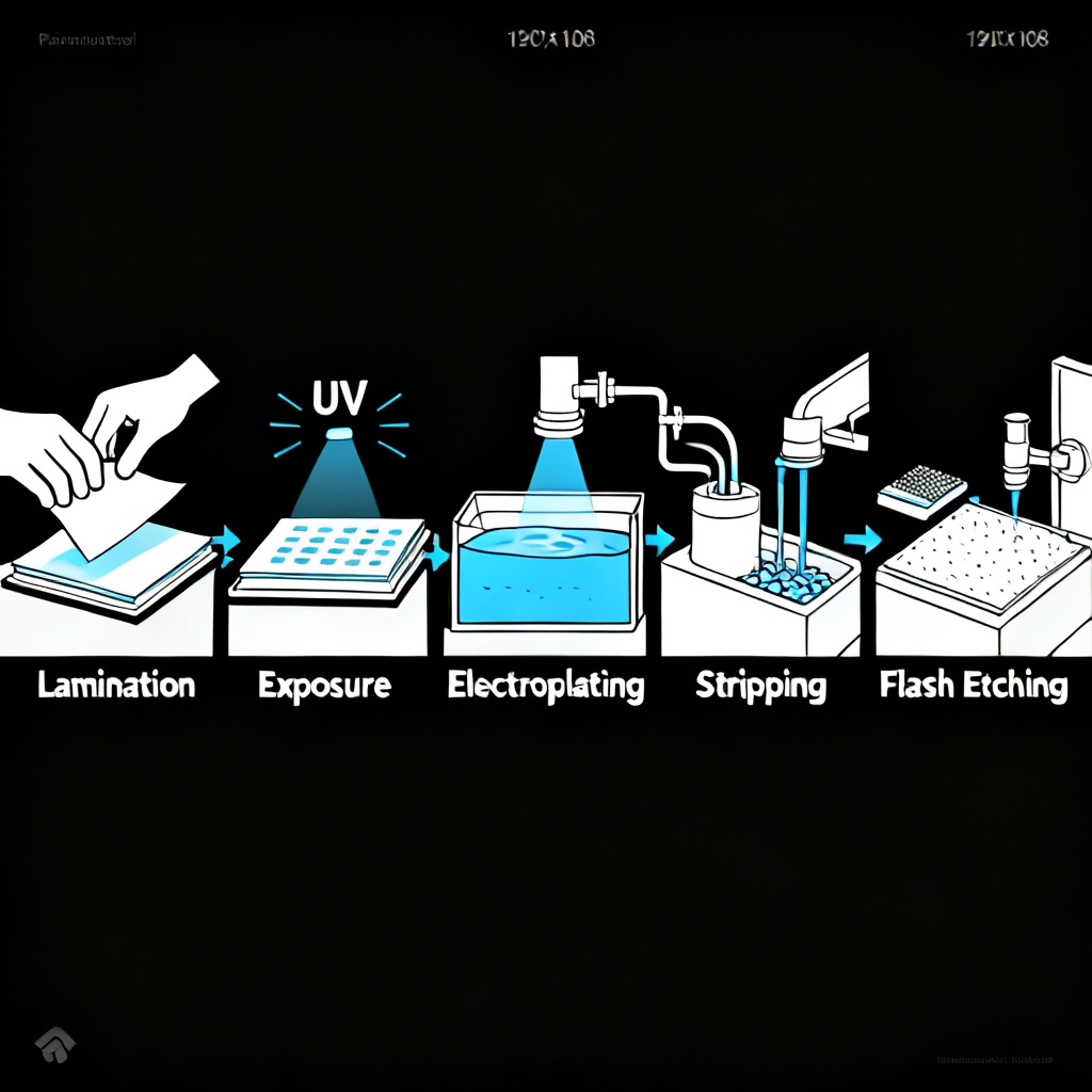 mSAP process flow for fine line technology showing electroplating steps