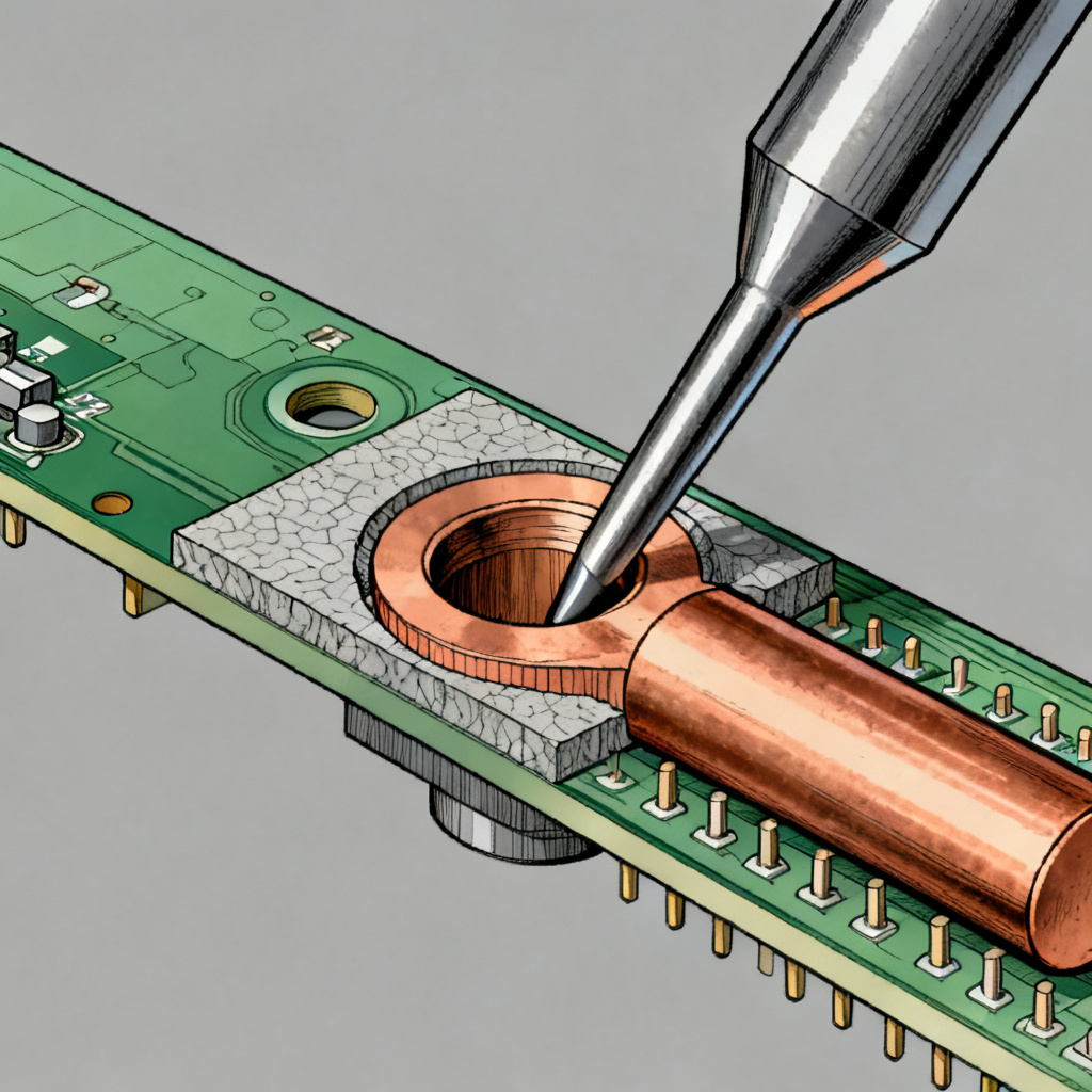 Press-fit pin insertion process in high-speed backplane PCB showing compliant pin deformation