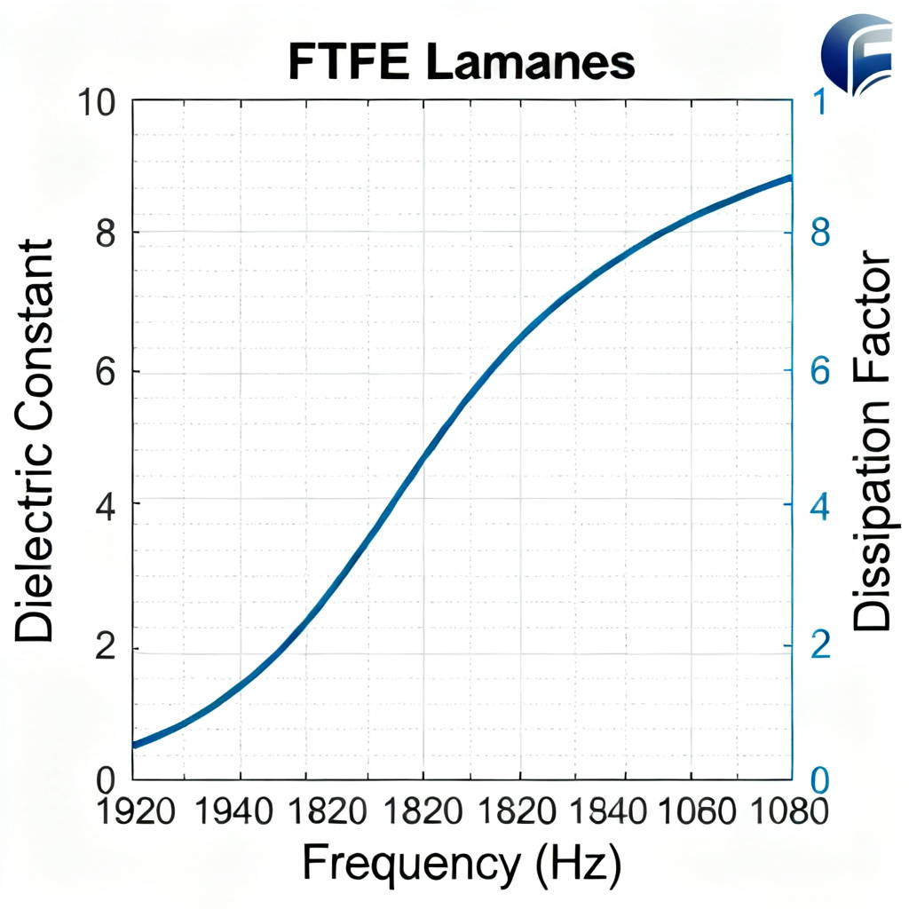 PTFE laminate Dk and Df graph showing low-loss performance across frequency
