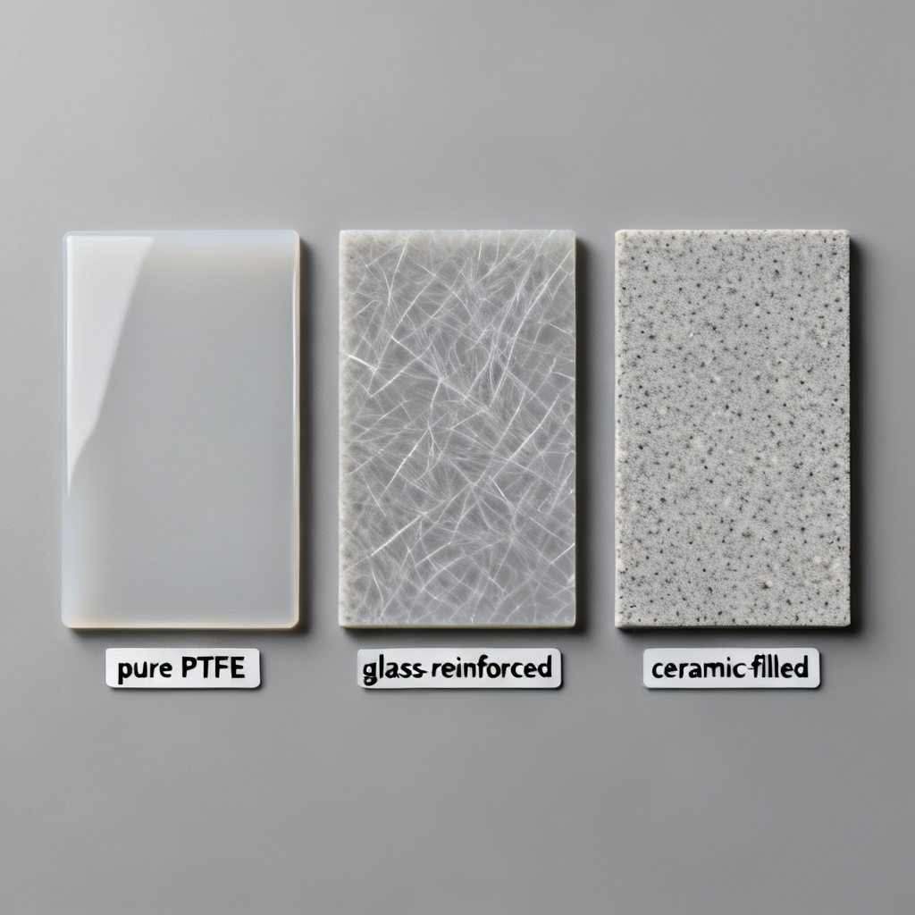PTFE laminate types comparison showing pure, glass-reinforced, and ceramic-filled samples