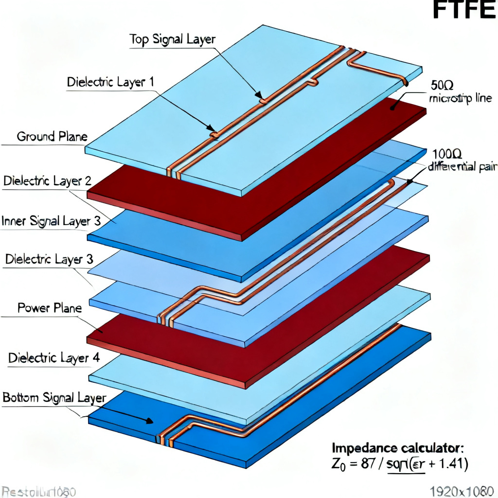 PTFE PCB stackup design showing multi-layer low-loss laminate structure